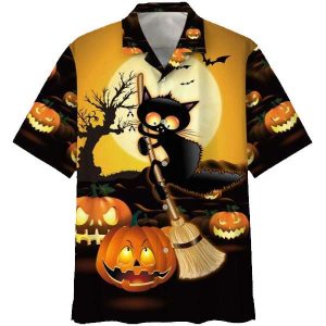 Black Cat Broom Hawaiian T-shirt, Sweet Halloween Hawaiian Shirt Gift