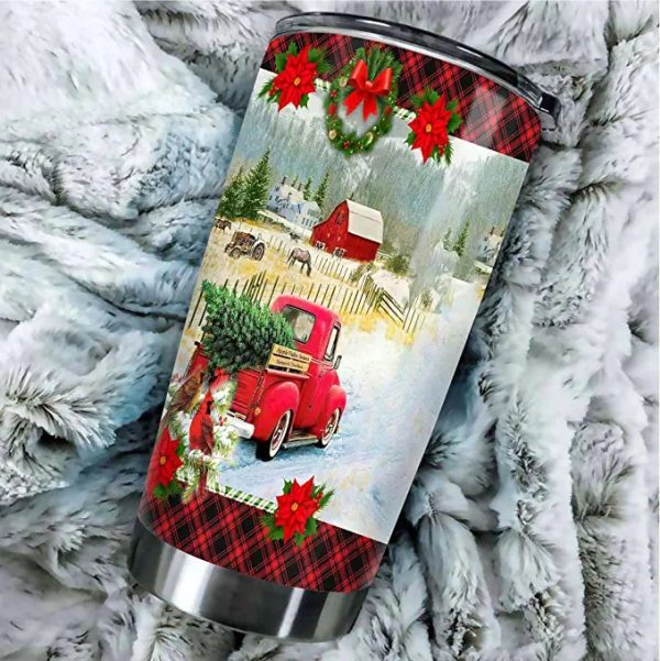 CatchyKey Christmas Truck Tumbler, Red Truck Tumbler For Xmas