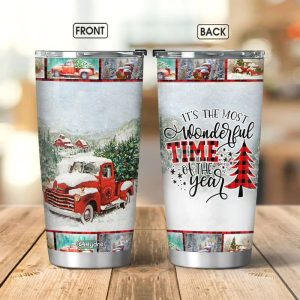 Red Truck Xmas Gift, Wonderful Time Christmas Stainless Steel Tumbler